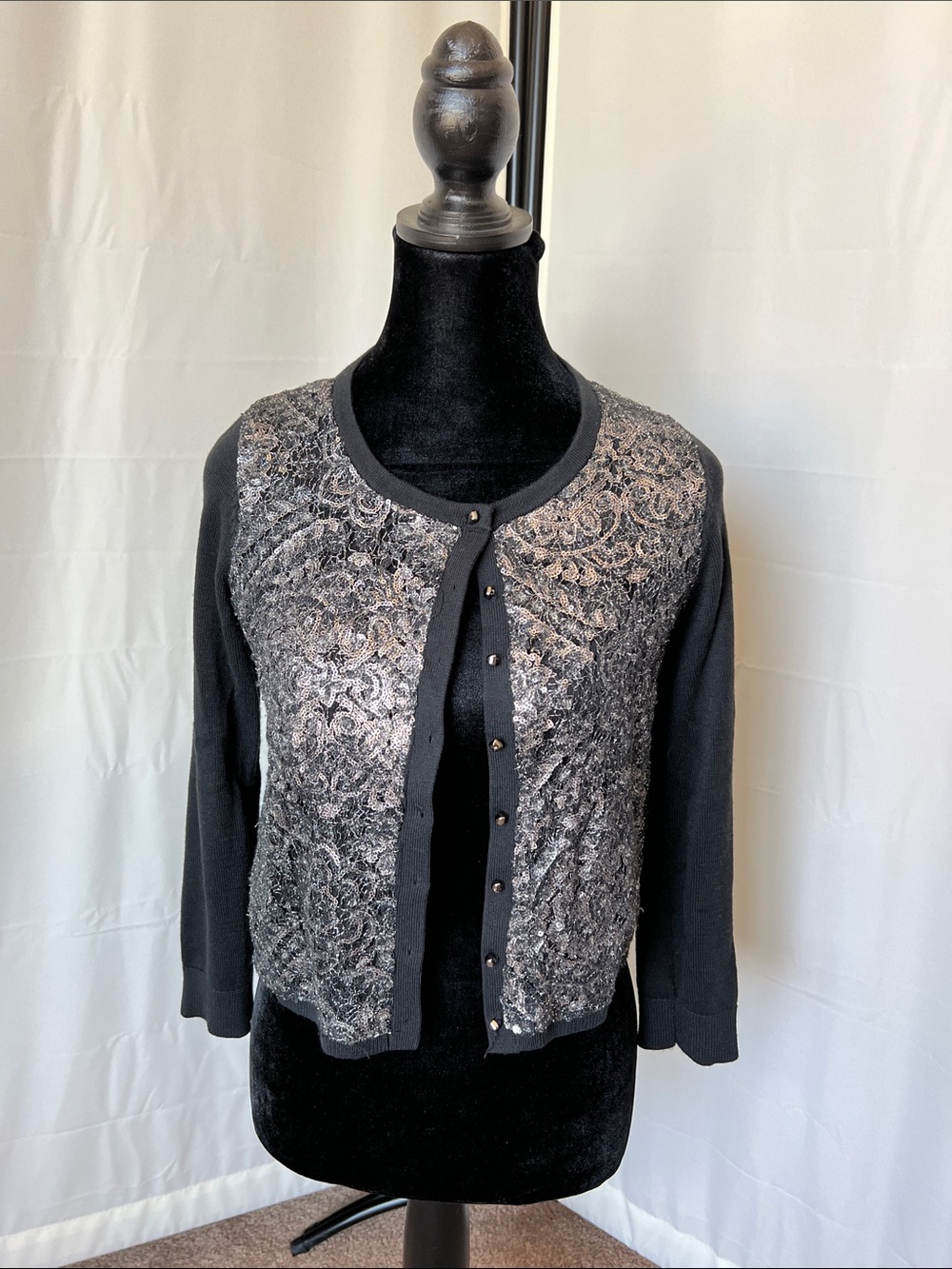 Anthropologie Knitter & Knotted Black and silver Metallic Laced sequins Cardigan